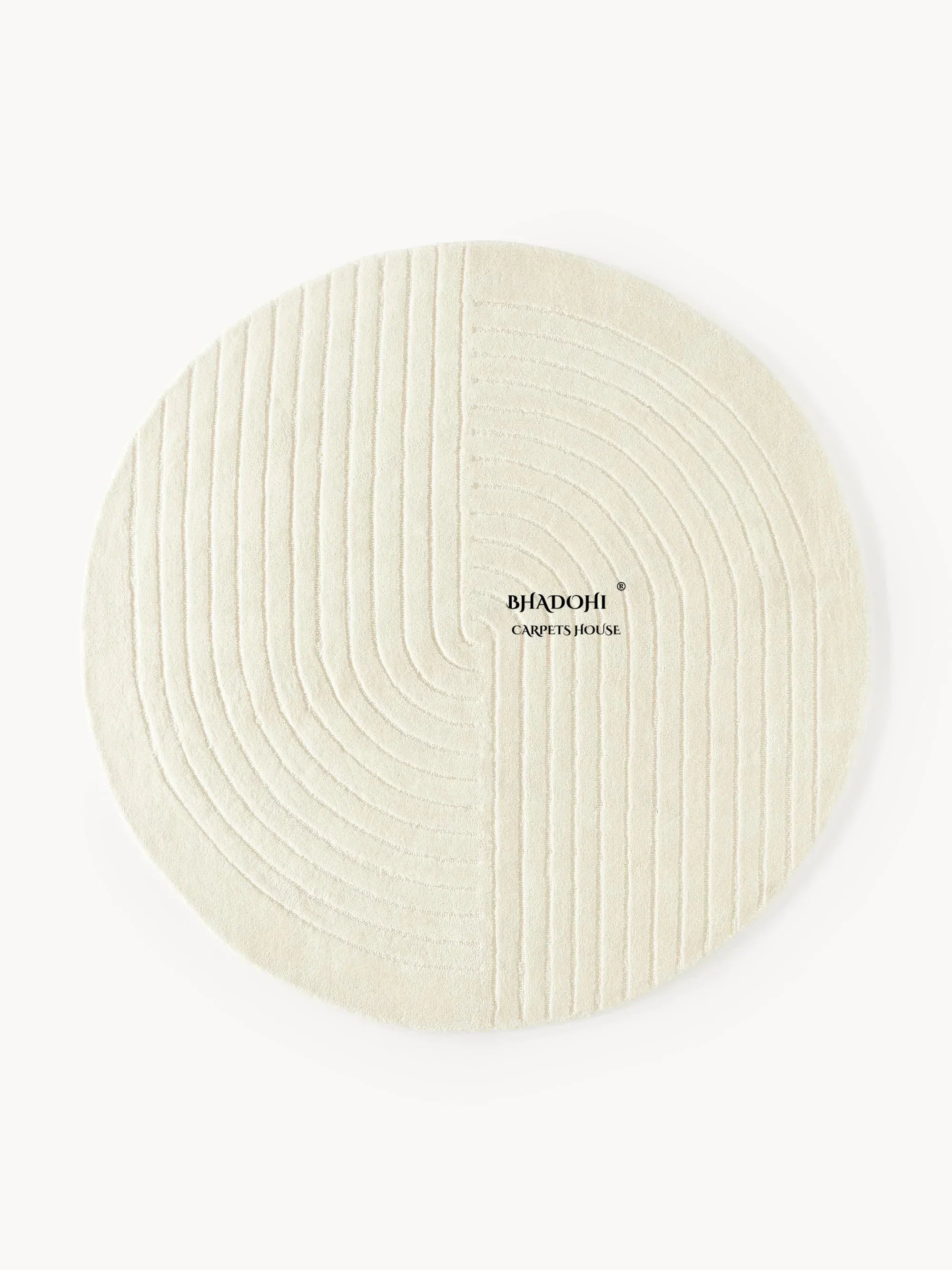 Round off-white wool carpet rug with textured lines, Bhadohi Carpets House branding