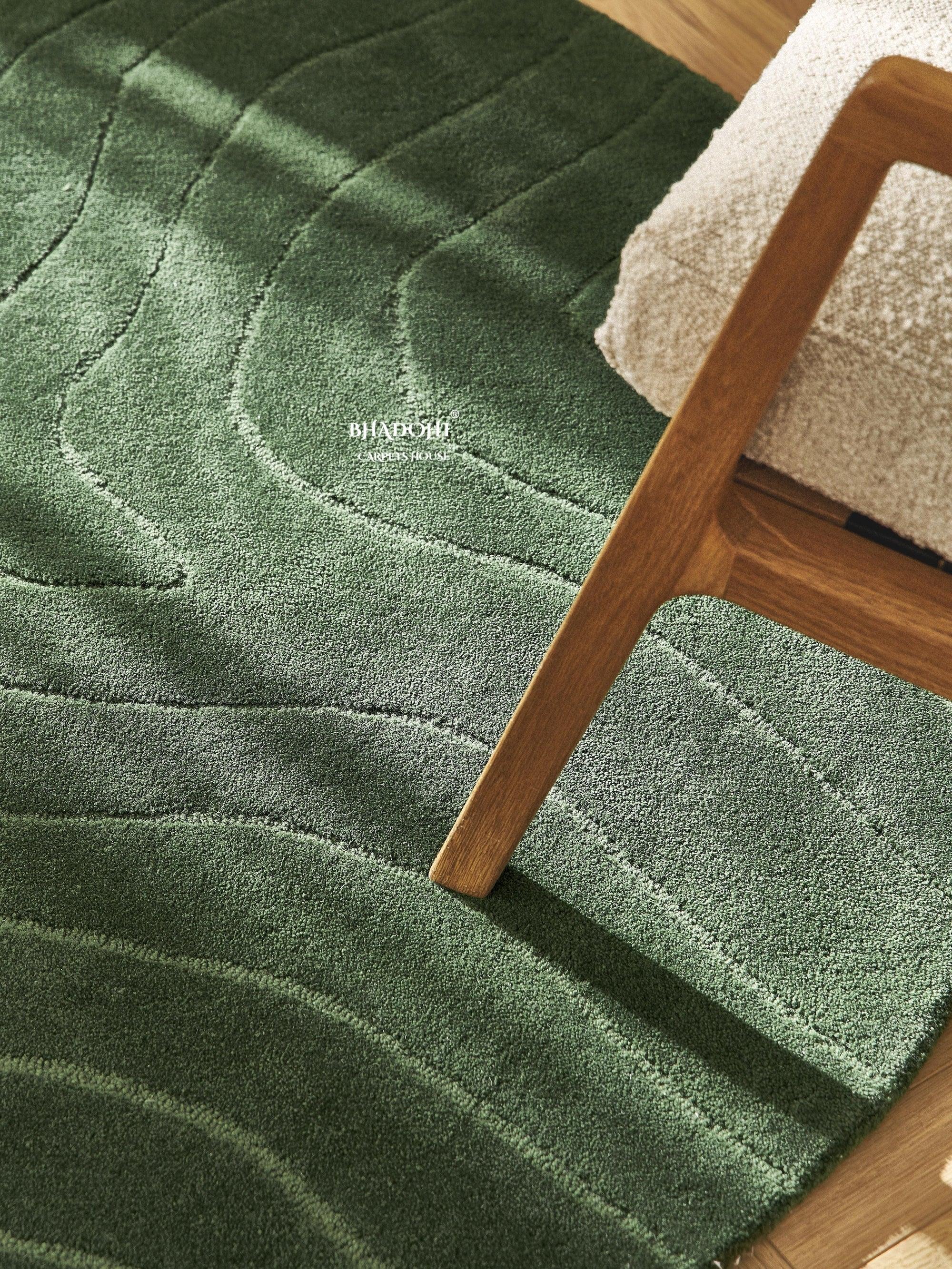 Green wool Bhadohi Carpets House rug with modern wavy pattern in a cozy room setting