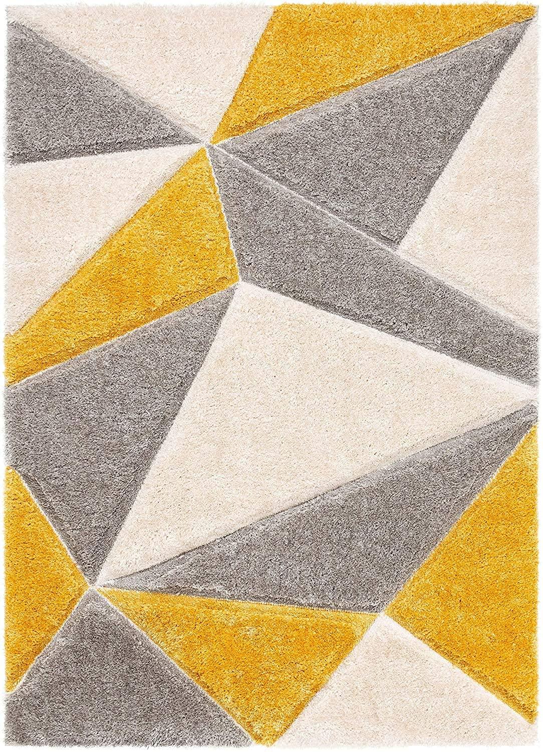 Modern shaggy carpet rug with geometric yellow, grey, and cream patterns from Bhadohi Carpets House