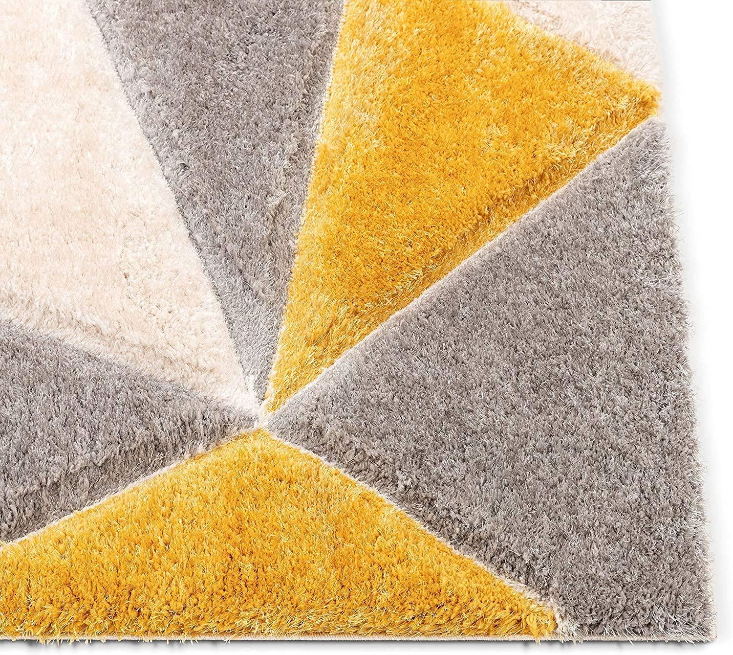 Modern shaggy carpet rug with yellow, grey, and beige geometric pattern from Bhadohi Carpets House
