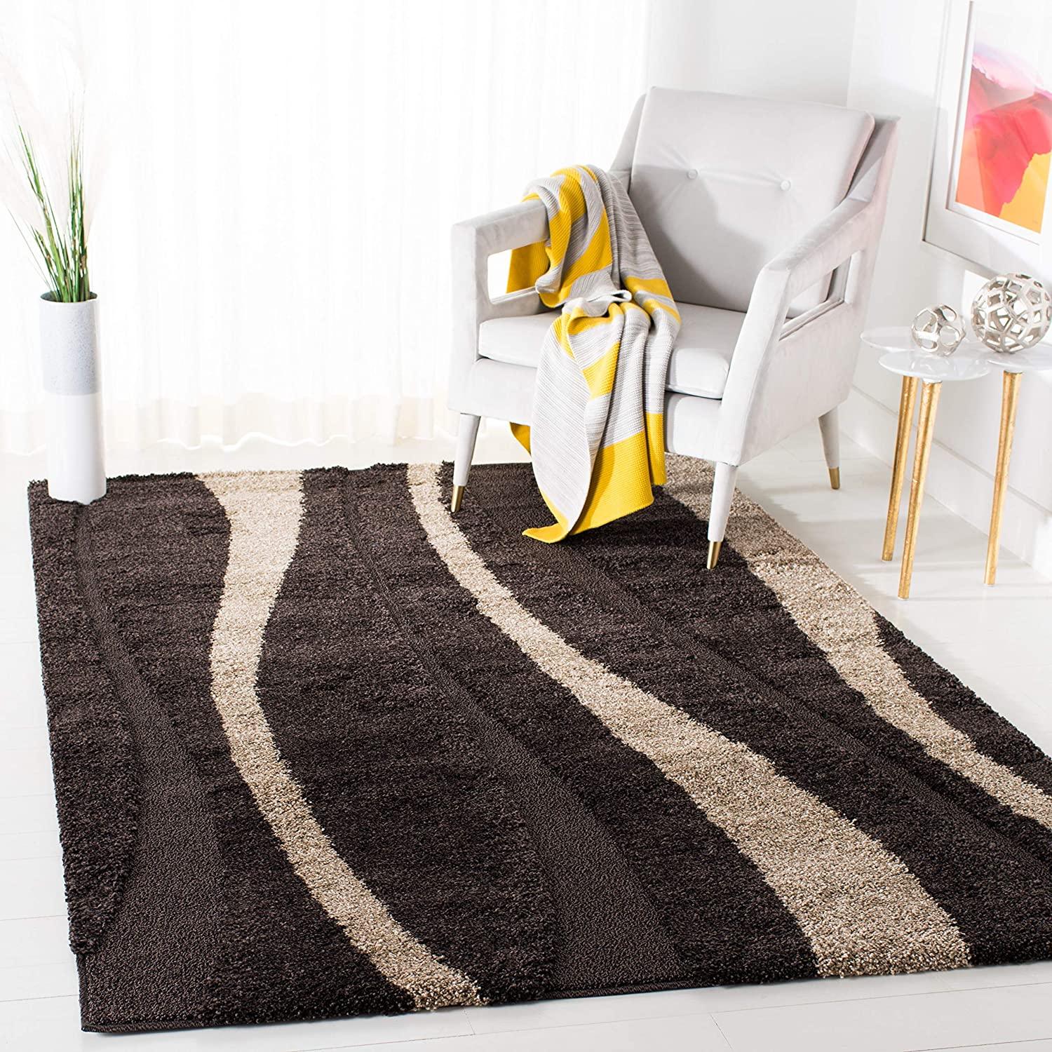 Modern shaggy carpet rug with wavy brown and beige patterns in a stylish living room
