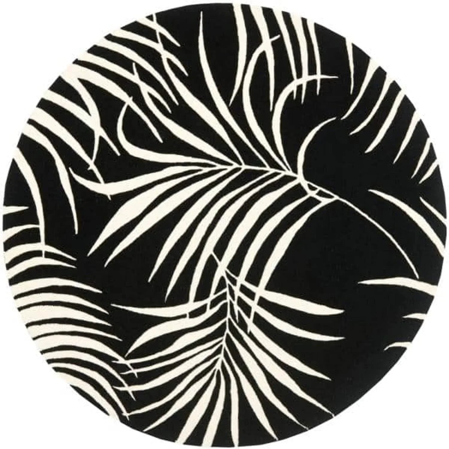 Round black wool carpet rug with white palm leaf pattern from Bhadohi Carpets House