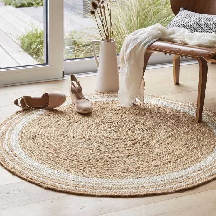 Natural Beige & White Border Round Handmade Braided Jute Rug