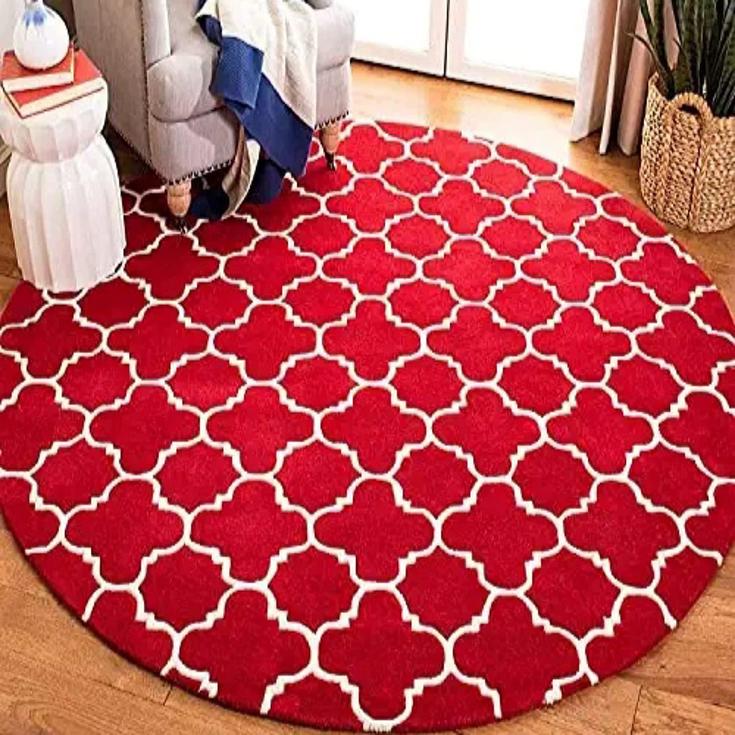 Red round wool carpet rug with white geometric pattern in a modern living room, Bhadohi Carpets House