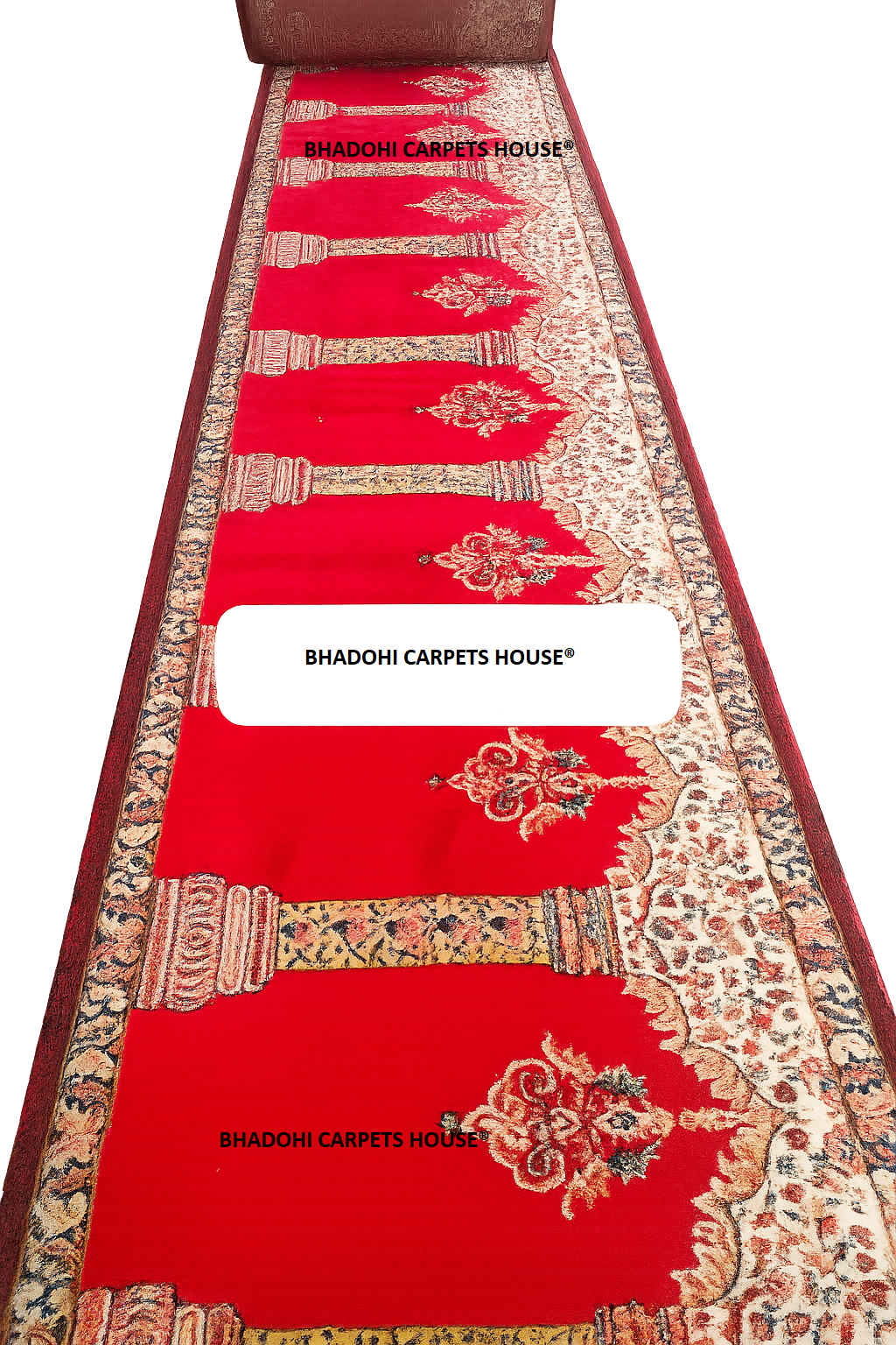 Red Color Masjid Prayer Carpet Roll – High-Pile 12mm Thick, Custom Sizes Available