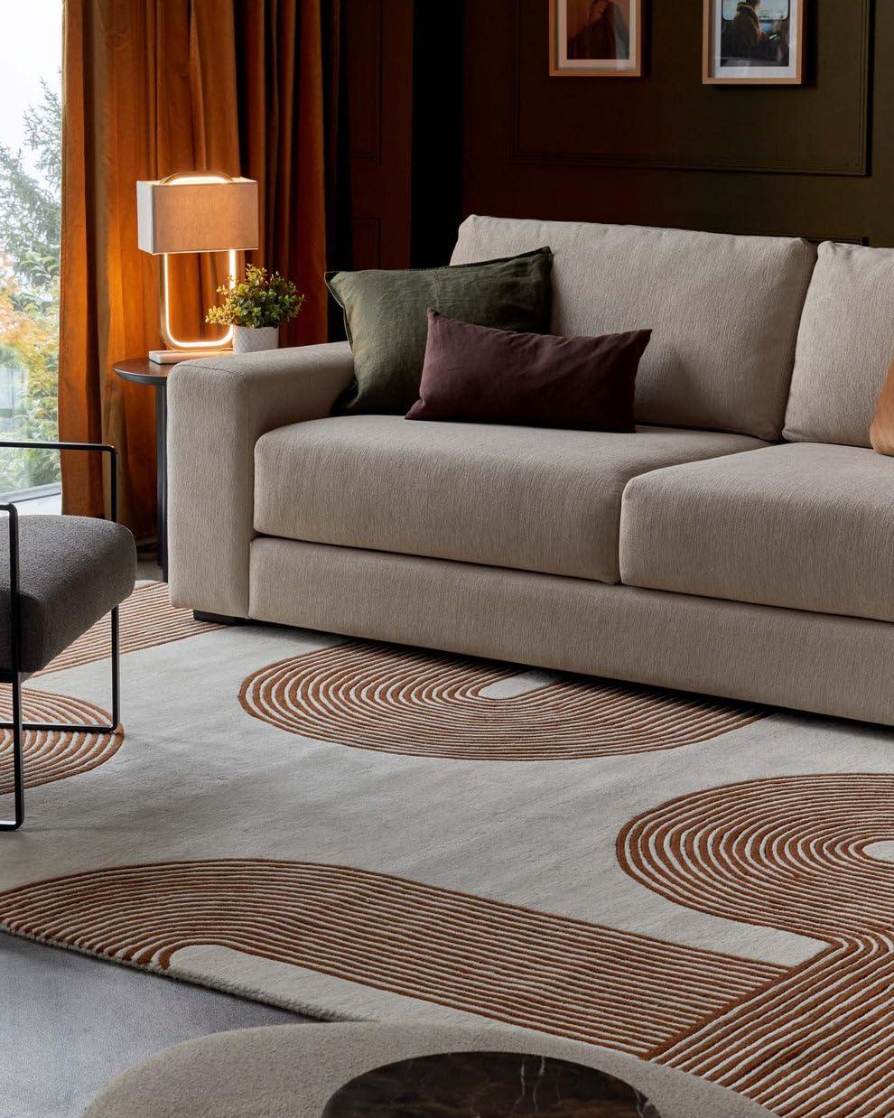 Modern living room with Ripple hand-tufted carpet rug, beige sofa, and stylish decor by Bhadohi Carpets House.