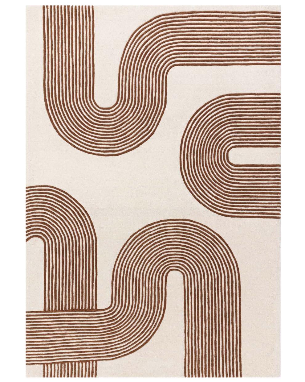 Ripple hand-tufted cream carpet with brown abstract curved lines from Bhadohi Carpets House