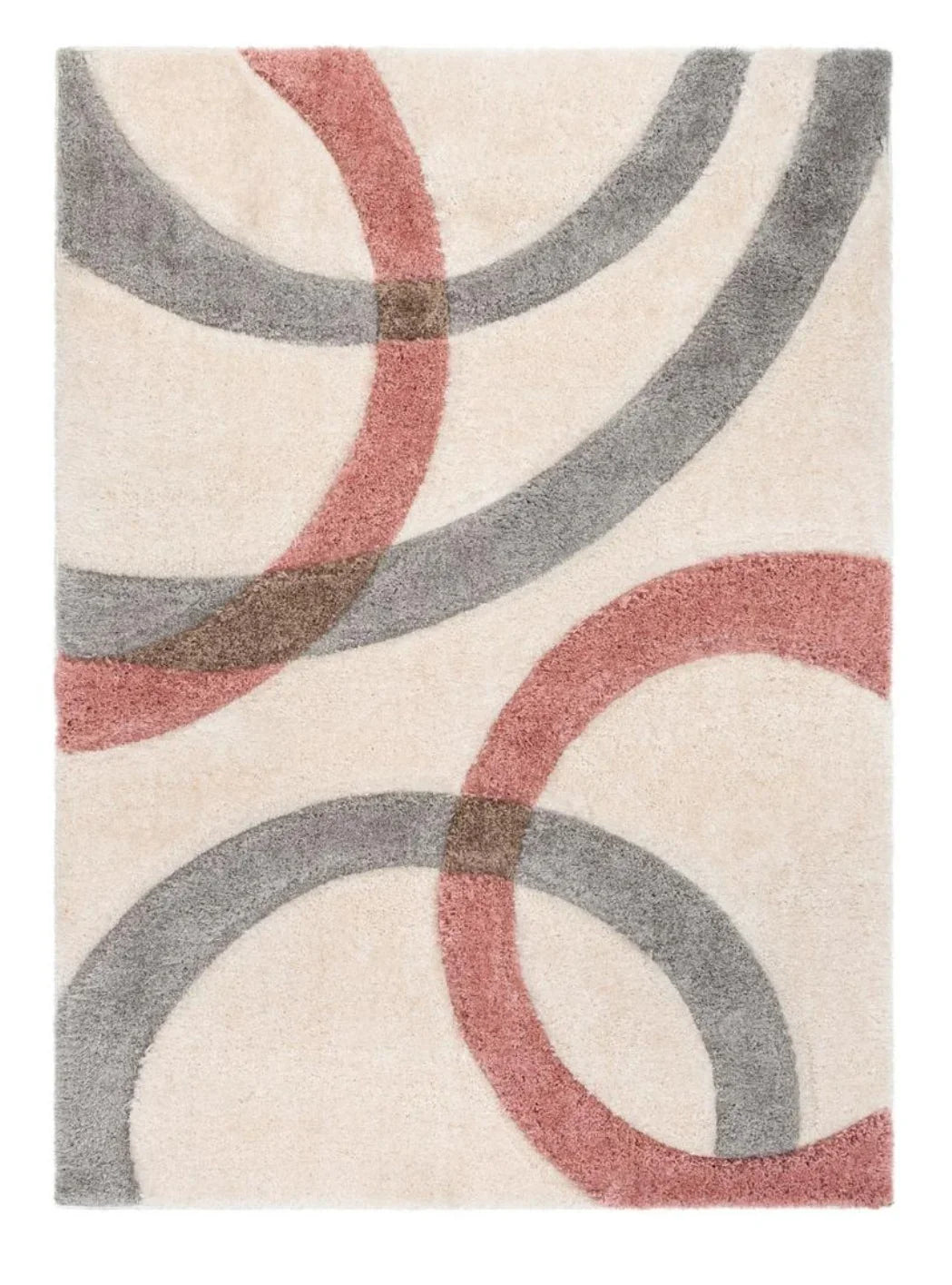 Serene shaggy rug with beige background, pink and grey curved geometric patterns, Bhadohi Carpets House