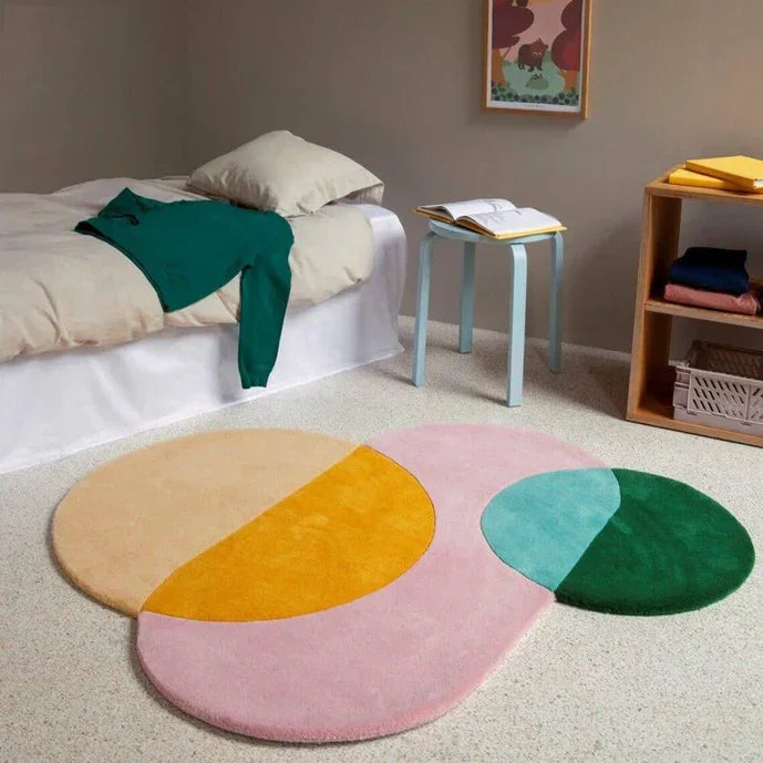 Modern bedroom with Bhadohi Carpets House colorful abstract rug, pastel decor, cozy setting