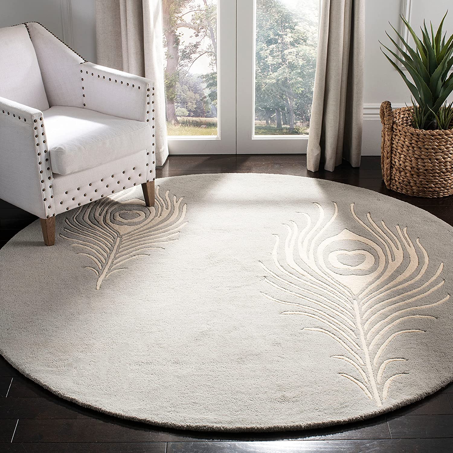 Silver Peacock Feather Round Wool Carpet & Rug