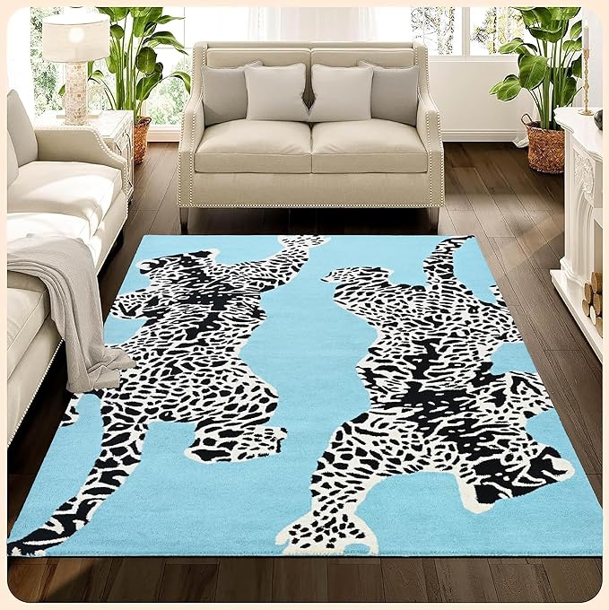 Sky Blue Handmade Climbing Jaguar Wool Area Rug
