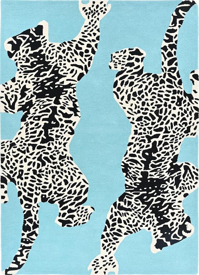 Sky Blue Handmade Climbing Jaguar Wool Area Rug