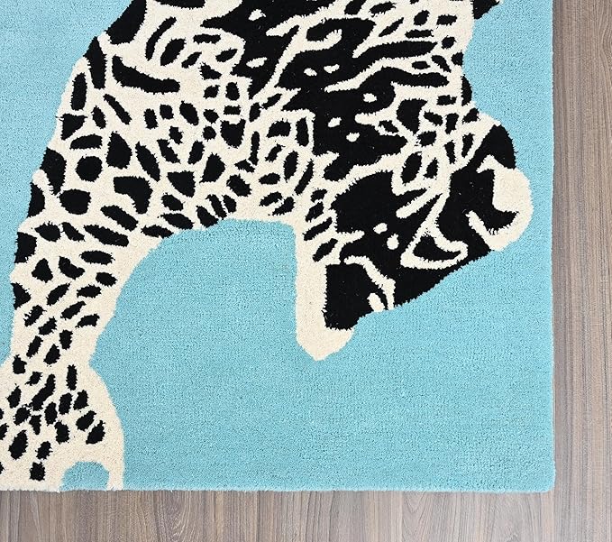 Sky Blue Handmade Climbing Jaguar Wool Area Rug