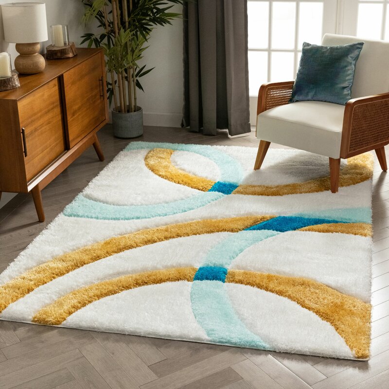 Mustard & Sky Blue San Francisco Shaggy Carpet | Luxurious Handmade Microfiber Area Rug