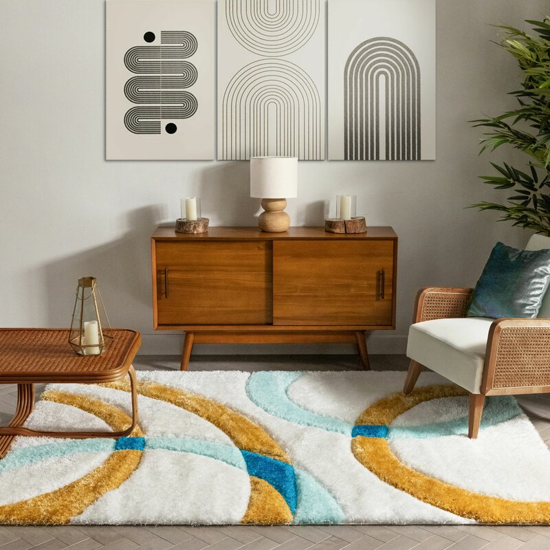 Mustard & Sky Blue San Francisco Shaggy Carpet | Luxurious Handmade Microfiber Area Rug