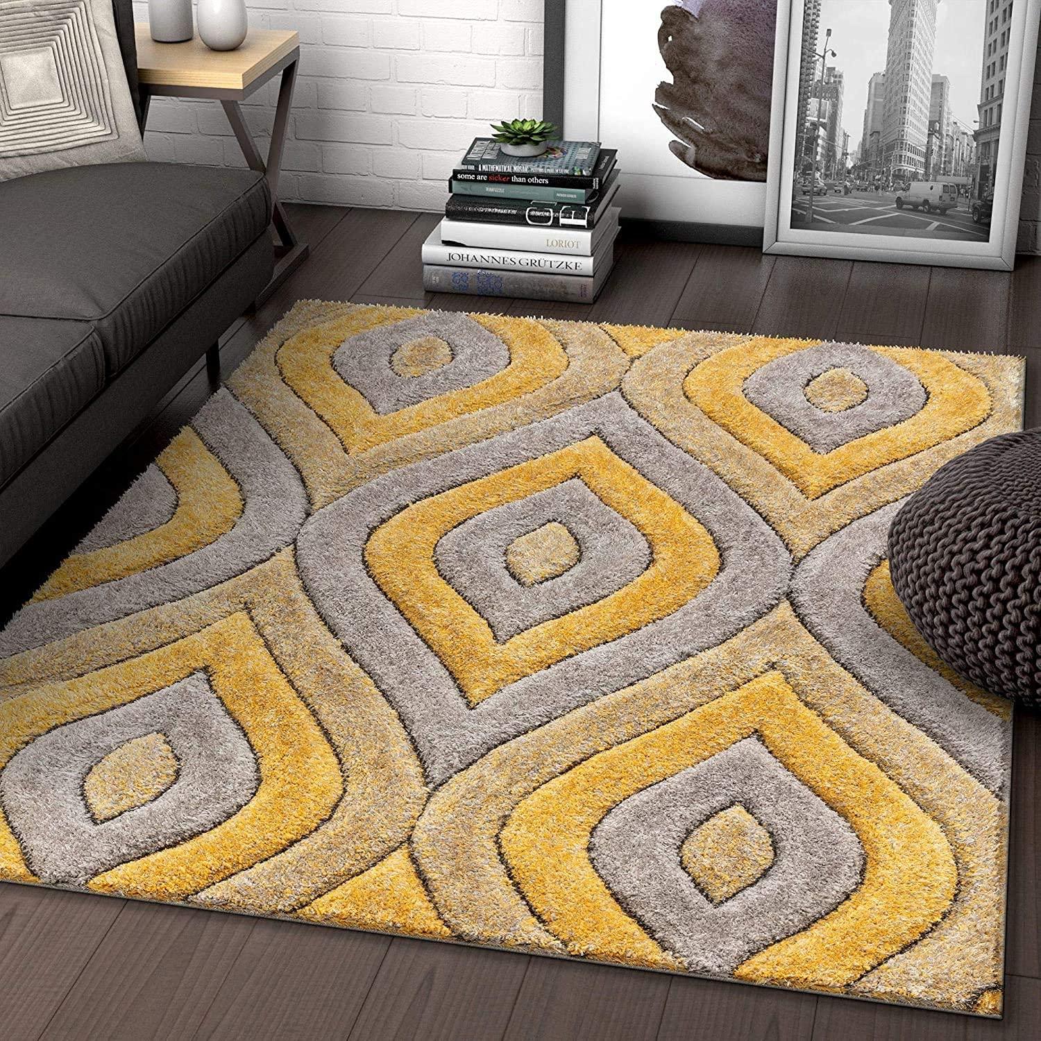 Modern yellow and grey shaggy carpet rug in a stylish living room, Bhadohi Carpets House