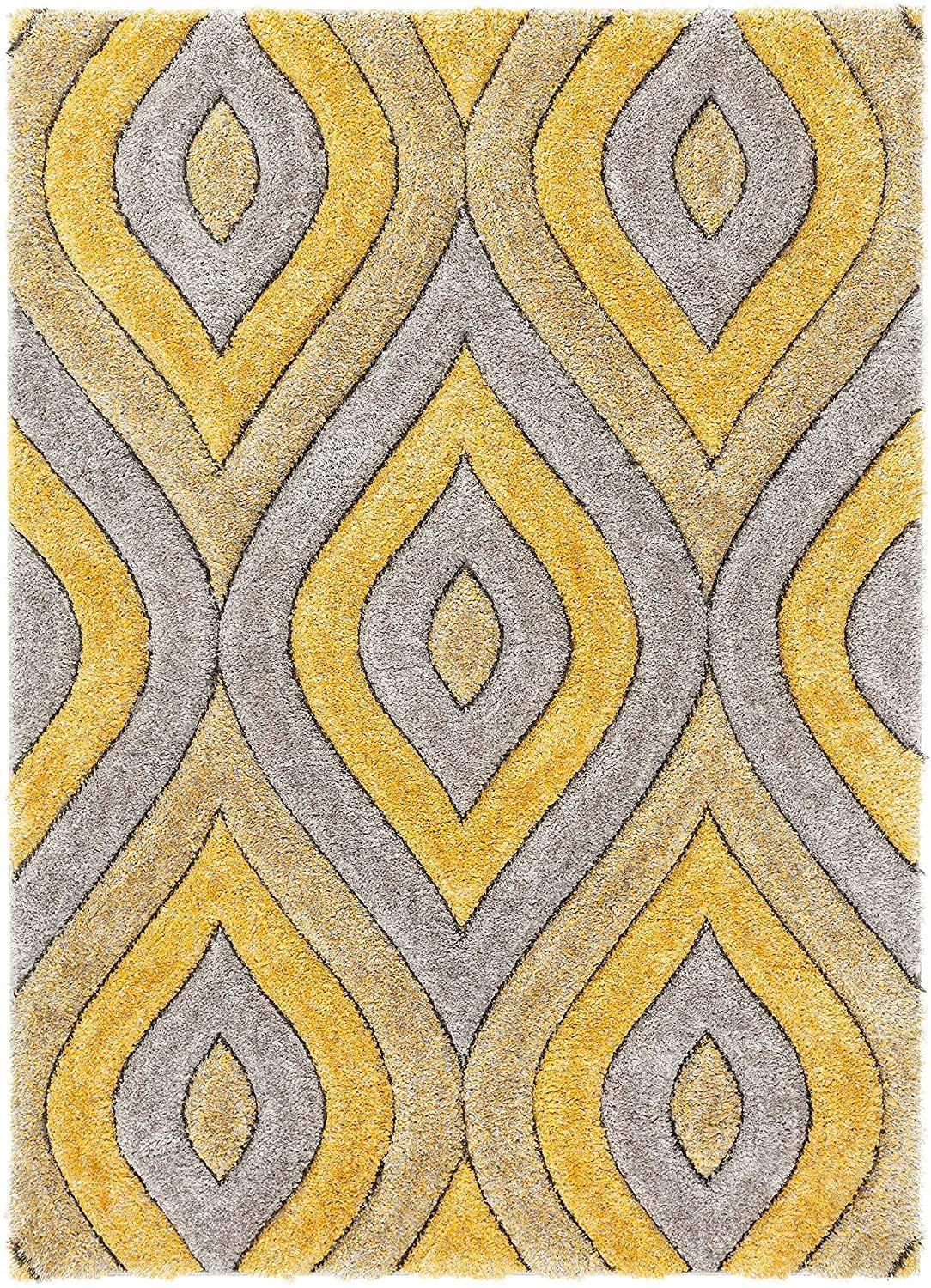 Shaggy carpet rug with yellow and grey geometric pattern from Bhadohi Carpets House