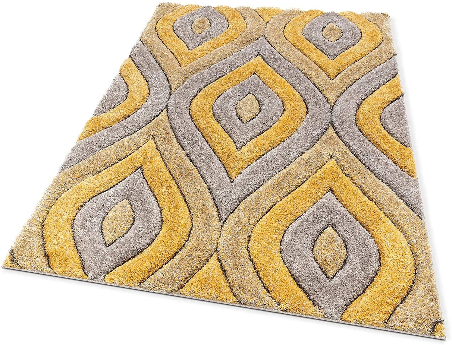Modern yellow and grey shaggy carpet rug with geometric pattern from Bhadohi Carpets House