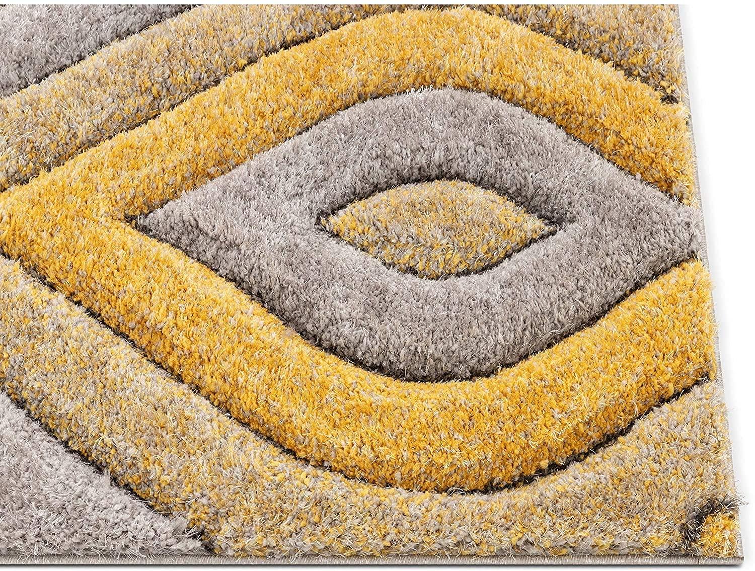 Shaggy carpet rug with yellow and grey geometric pattern from Bhadohi Carpets House