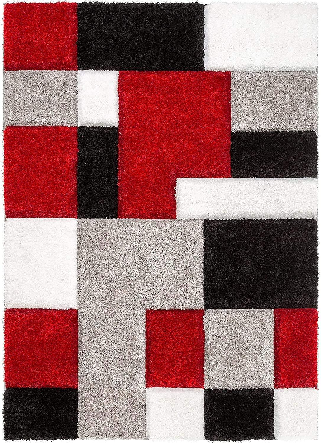 Bhadohi Carpets House shaggy carpet rug with red, black, white, and grey geometric blocks
