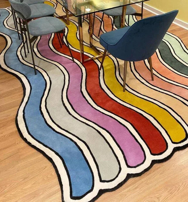 Colorful wavy stone irregular rug under glass dining table and chairs, Bhadohi Carpets House