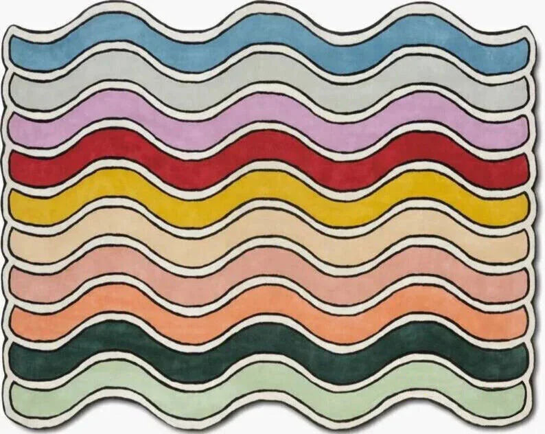Colorful wavy striped rug with irregular stone shape from Bhadohi Carpets House