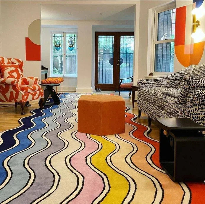 Colorful wavy stone irregular carpet rug in modern living room, Bhadohi Carpets House