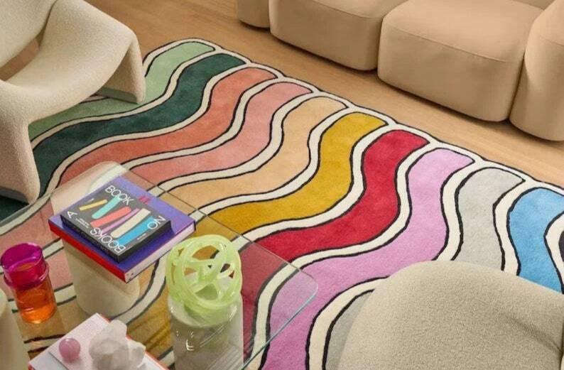 Colorful wavy pattern carpet rug in modern living room, Bhadohi Carpets House India