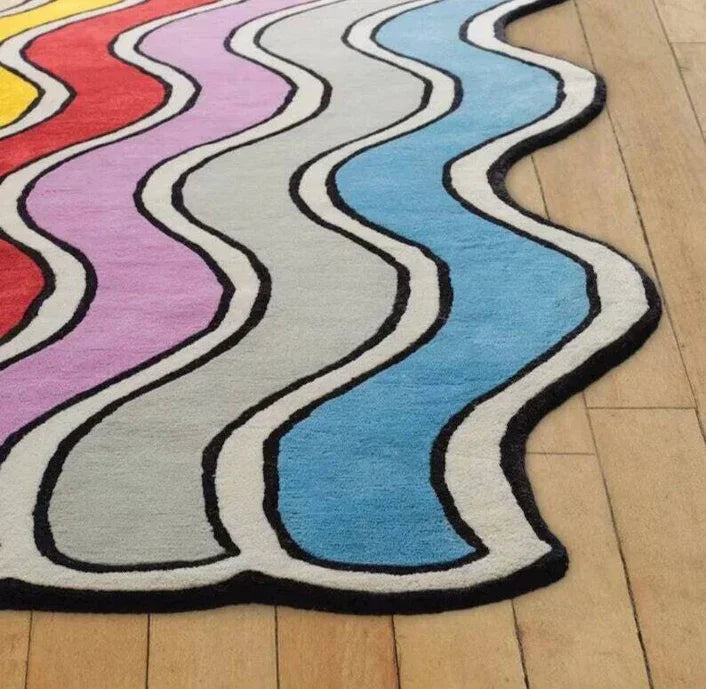 Irregular wavy multicolor carpet rug on wooden floor, Bhadohi Carpets House decor