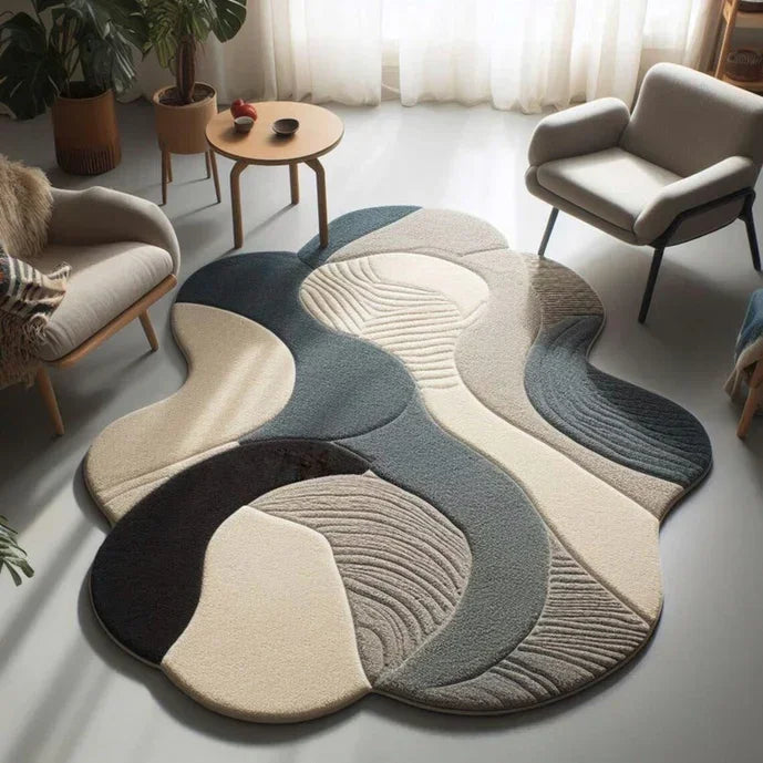 Modern textured irregular carpet rug in neutral tones in a contemporary living room, Bhadohi Carpets House