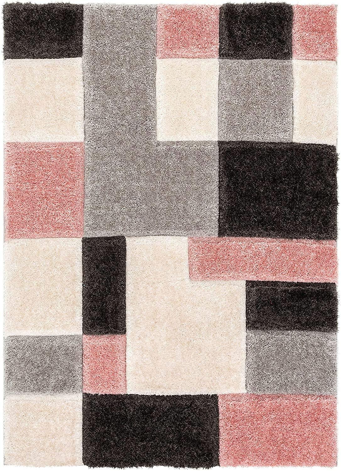 Modern shaggy carpet rug with geometric blocks in pink, grey, and black, Bhadohi Carpets House