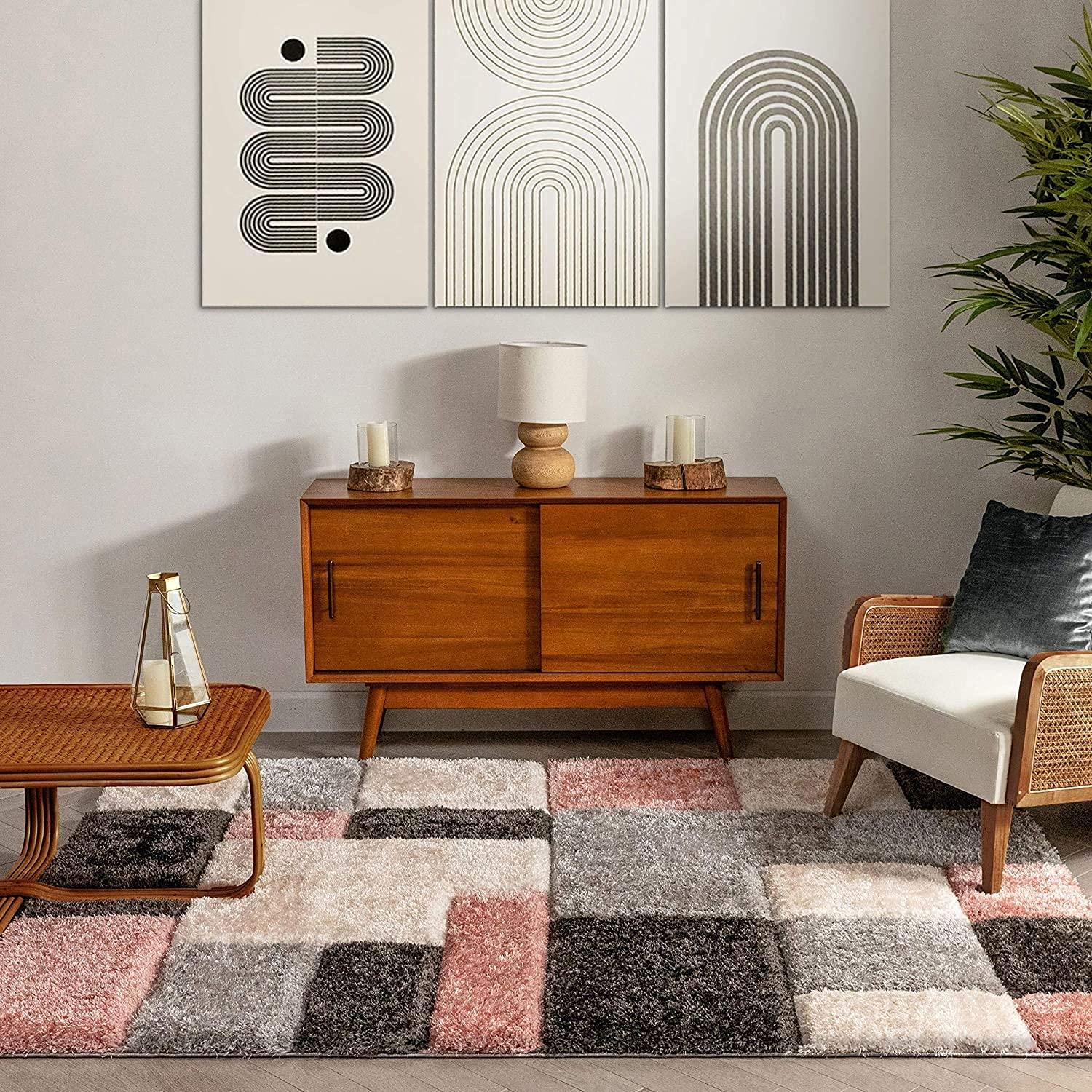 Modern shaggy carpet rug with geometric pattern in a stylish living room, Bhadohi Carpets House