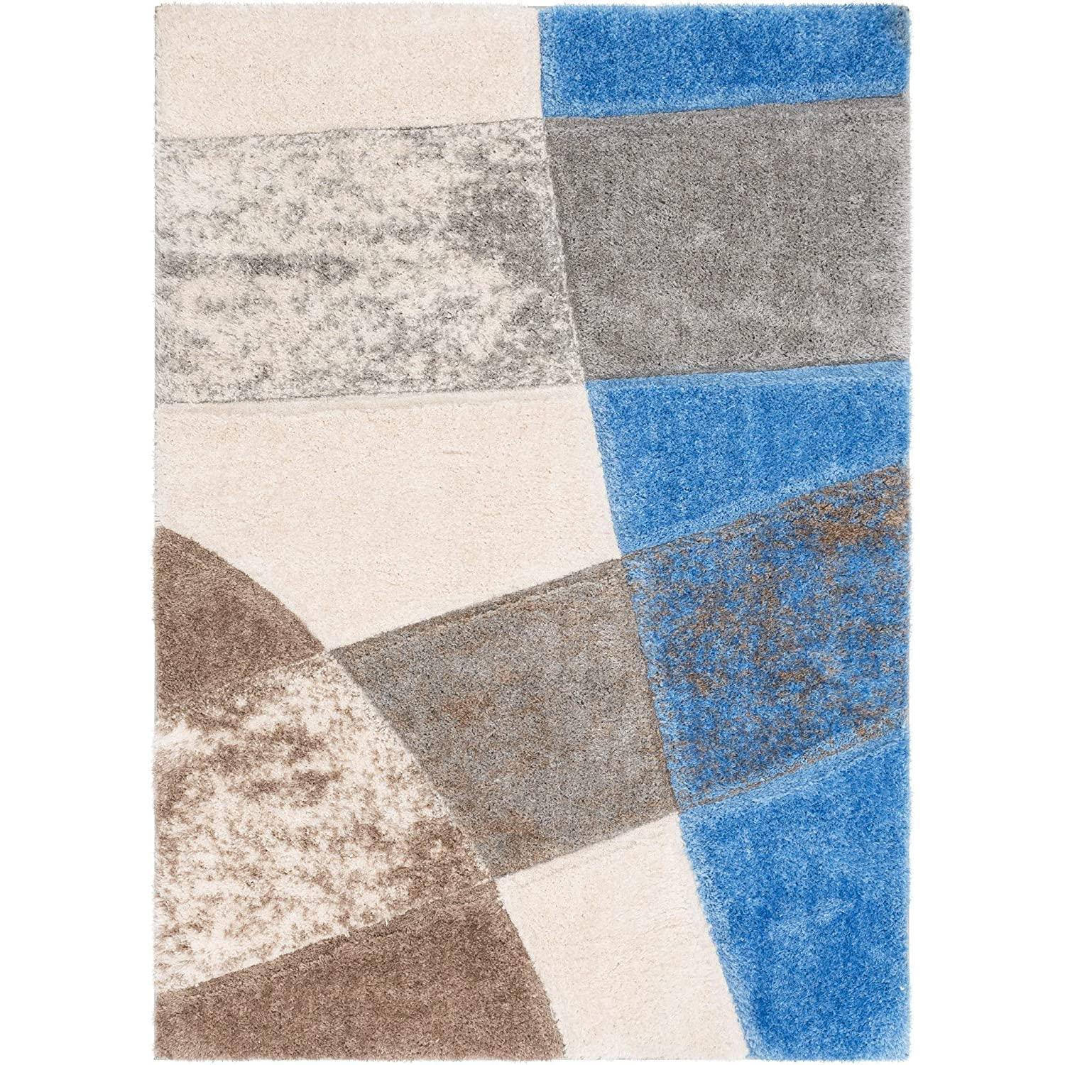Modern shaggy carpet rug with blue, brown, grey geometric pattern from Bhadohi Carpets House