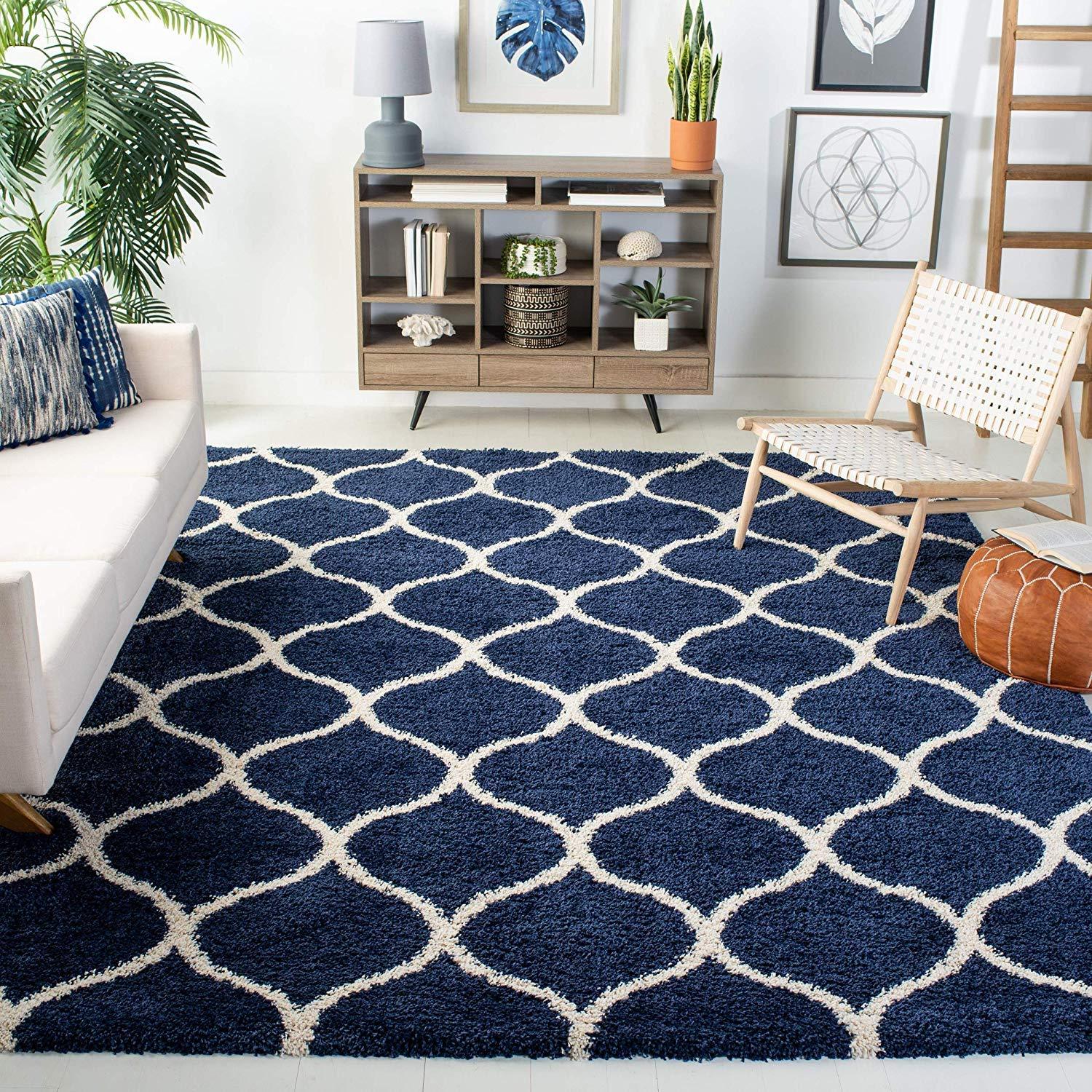 Blue and white shaggy carpet rug in modern Indian living room décor, Bhadohi Carpets House