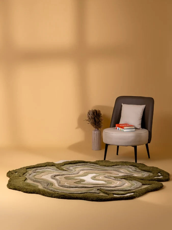 Beige & Green Color High-Low Hand-Tufted Wool Rug