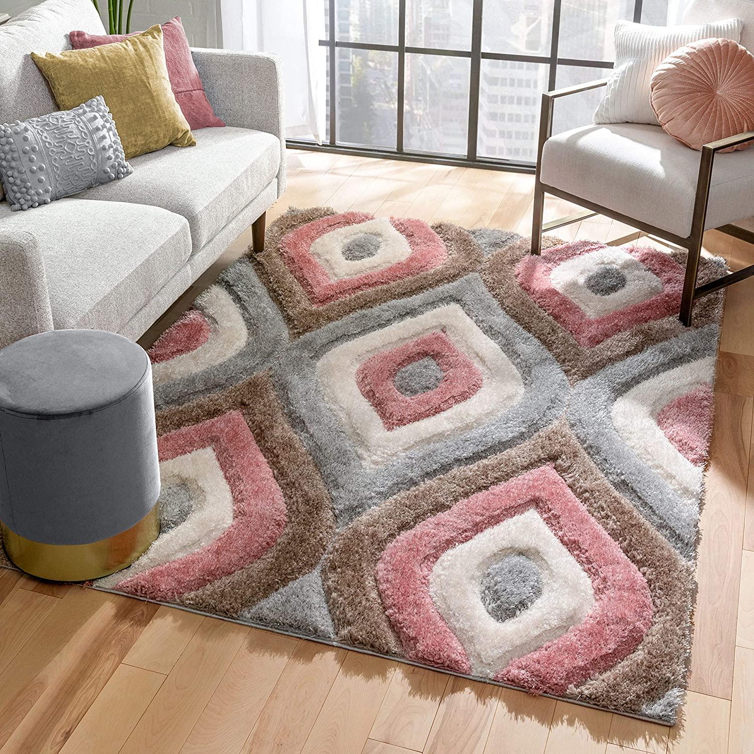 Modern living room with Bhadohi Carpets House shaggy geometric rug in pink, grey, and beige tones