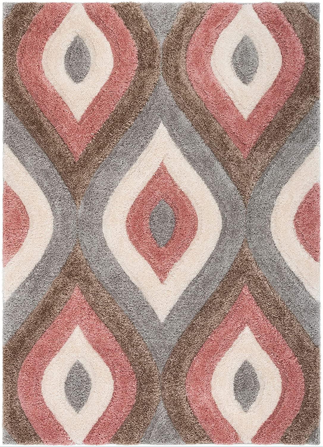 Modern shaggy carpet rug with geometric pattern in pink, beige, brown and grey by Bhadohi Carpets House