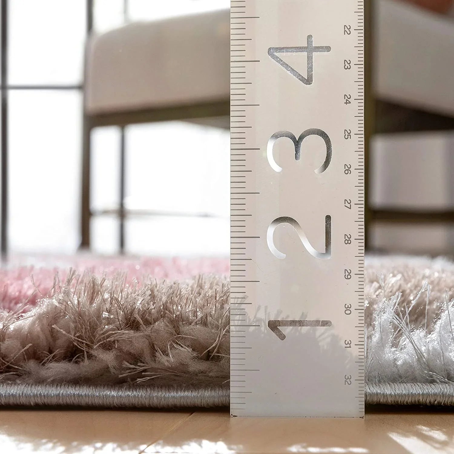 Shaggy carpet rug thickness measured with ruler, Bhadohi Carpets House product close up