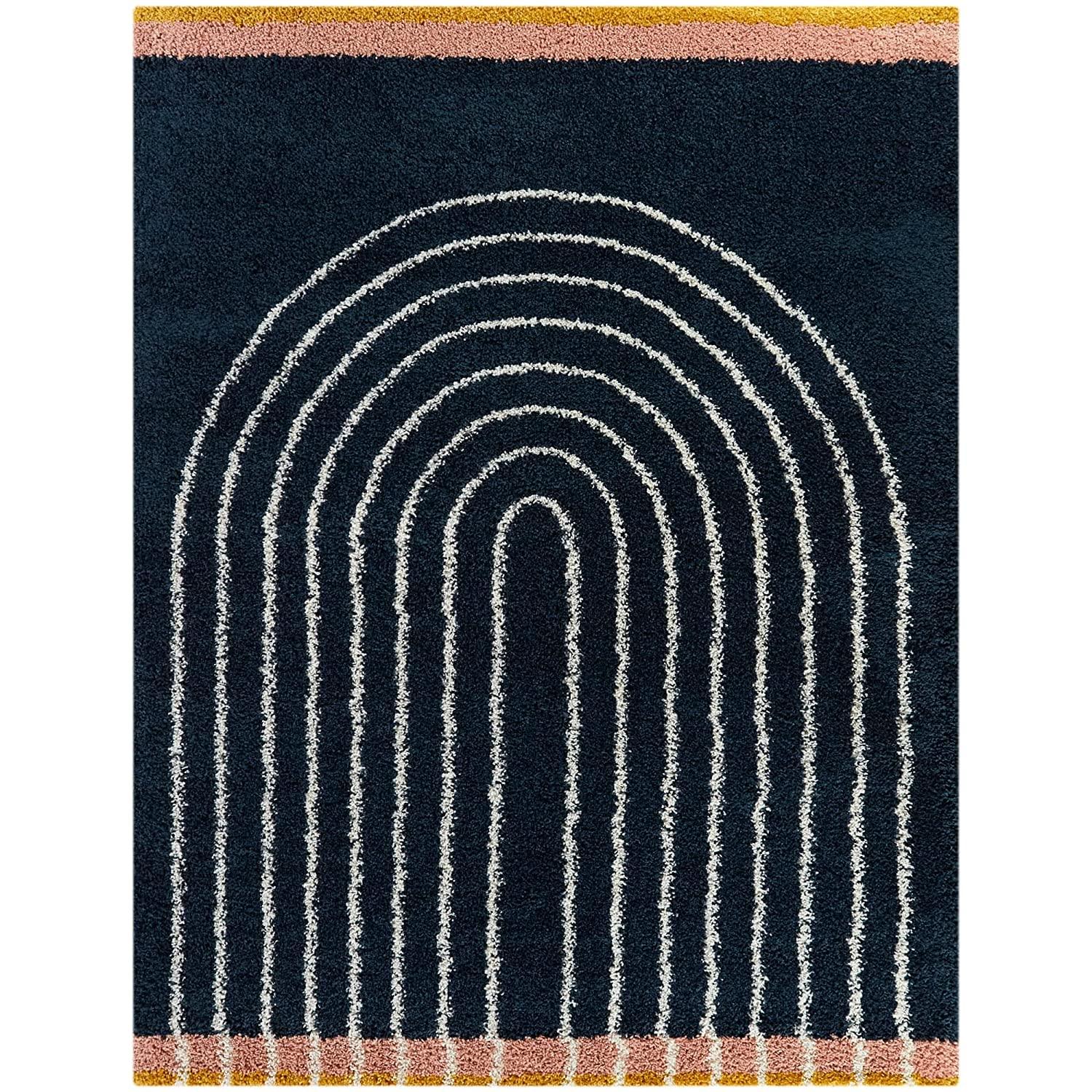 Modern shaggy carpet rug with arch pattern, navy blue base, from Bhadohi Carpets House
