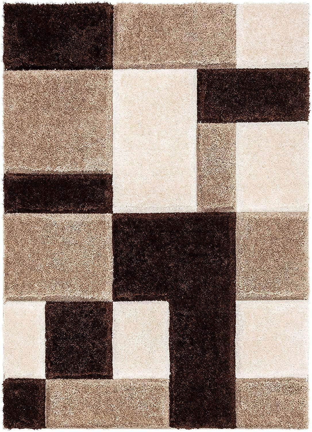 Modern shaggy carpet rug with geometric brown and beige block pattern from Bhadohi Carpets House.