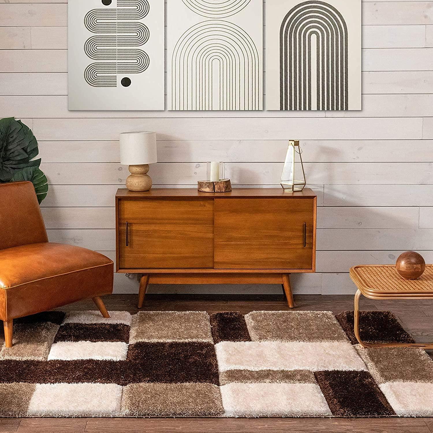Modern living room with geometric shaggy carpet rug, mid-century furniture, and wall art, Bhadohi Carpets House