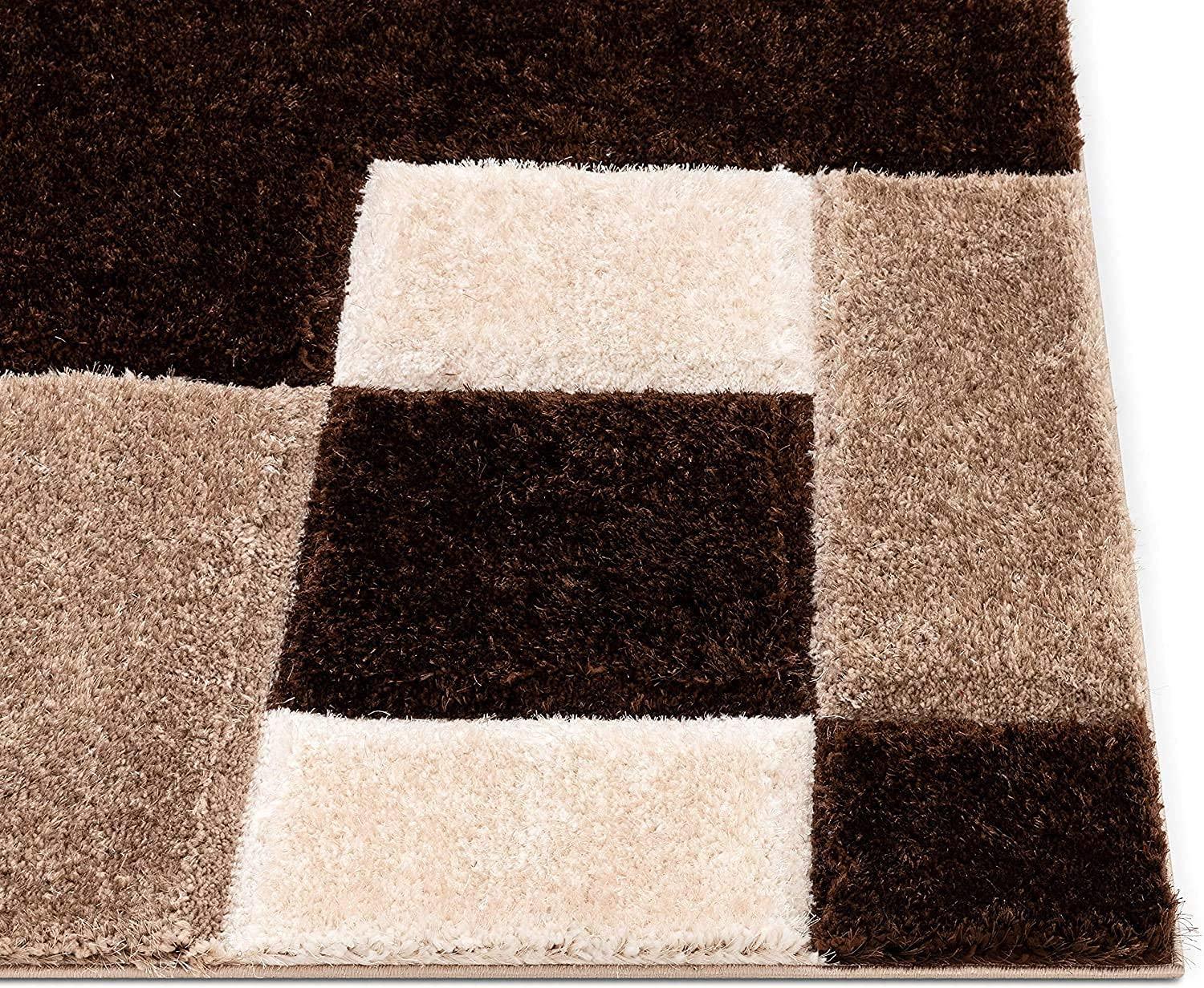 Shaggy rectangular carpet rug with brown and beige geometric blocks from Bhadohi Carpets House