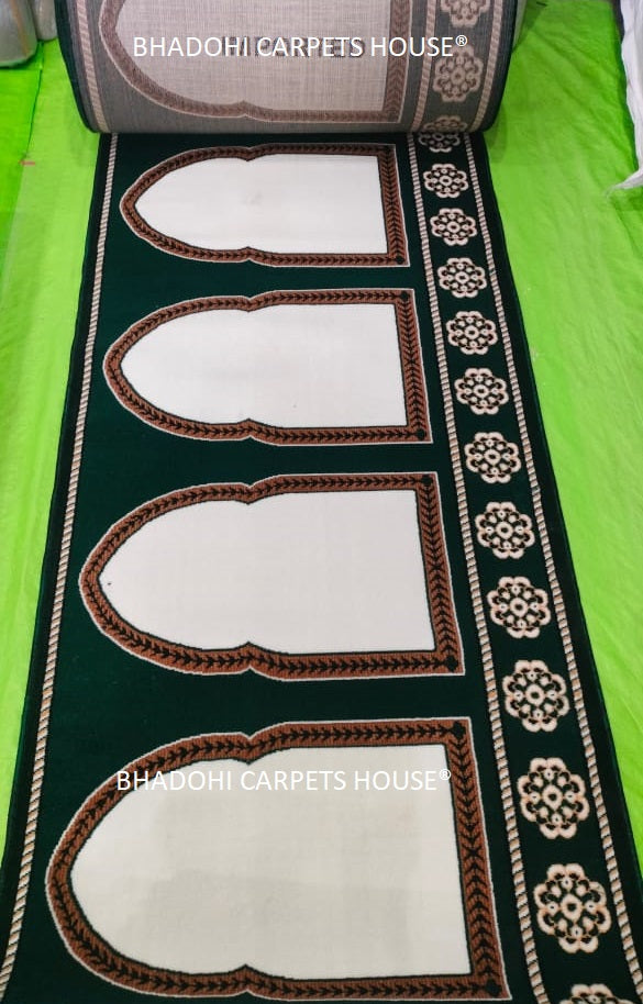 Green Color Masjid Prayer Carpet Roll – High-Pile 12mm Thick, Custom Sizes Available