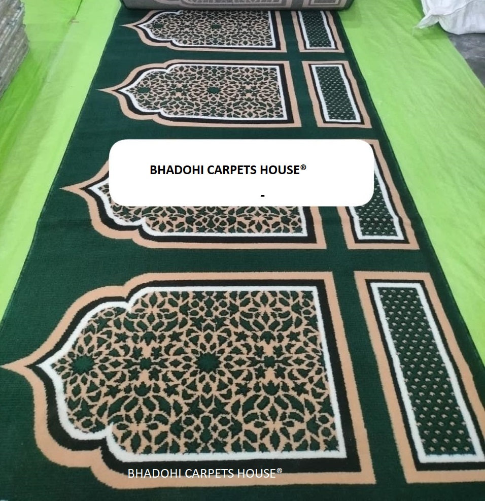 Green Color Masjid Prayer Carpet Roll – High-Pile 12mm Thick, Custom Sizes Available