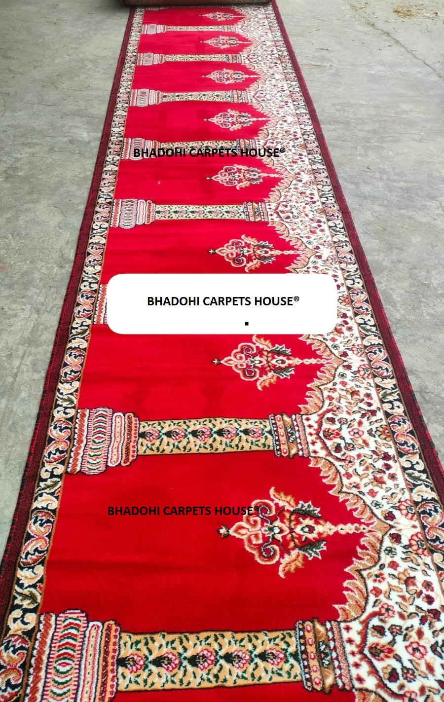 Red Color Masjid Prayer Carpet Roll – High-Pile 12mm Thick, Custom Sizes Available