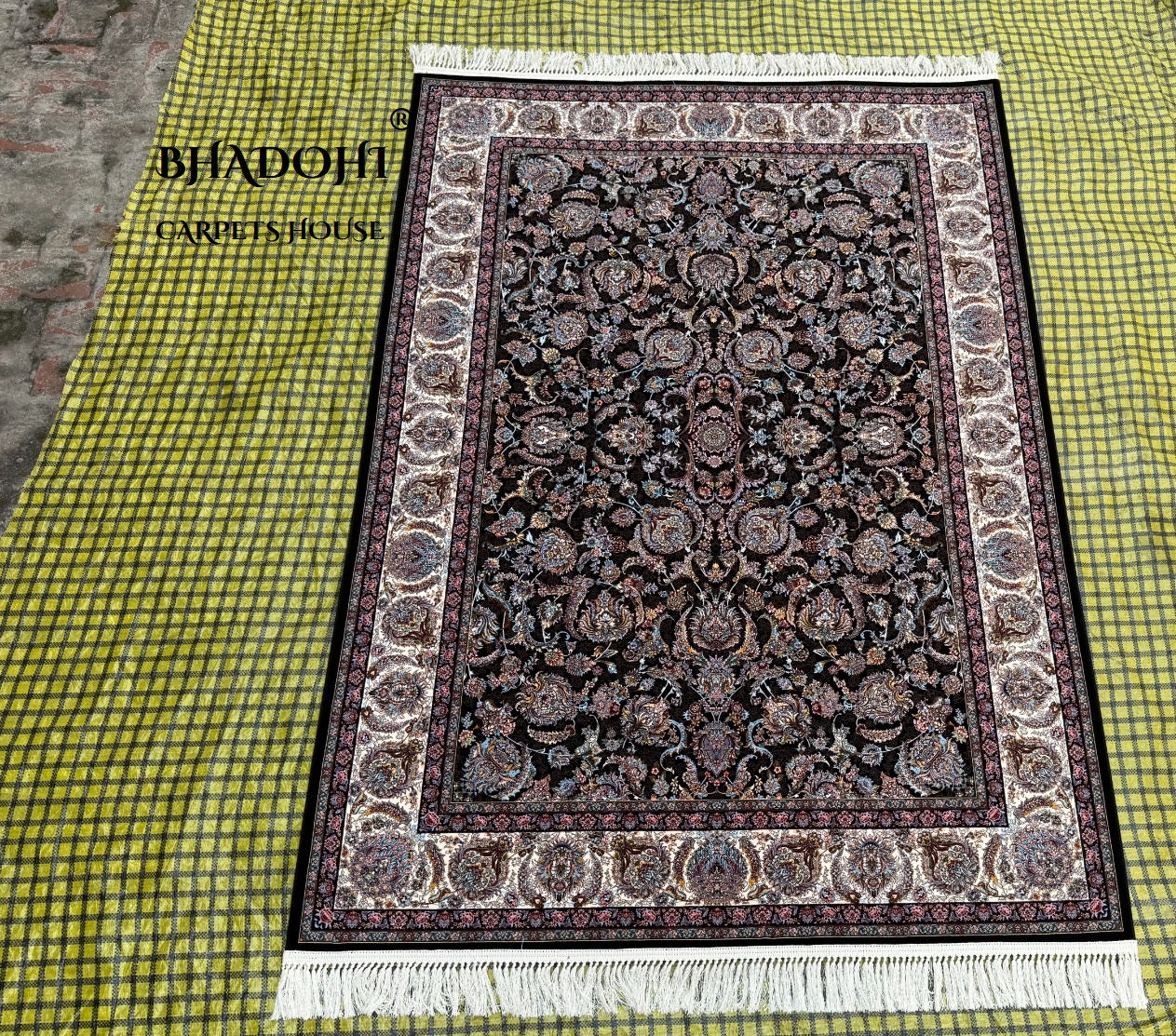 Black Color Iranian Knotted 1200 Reeds Silk Rug