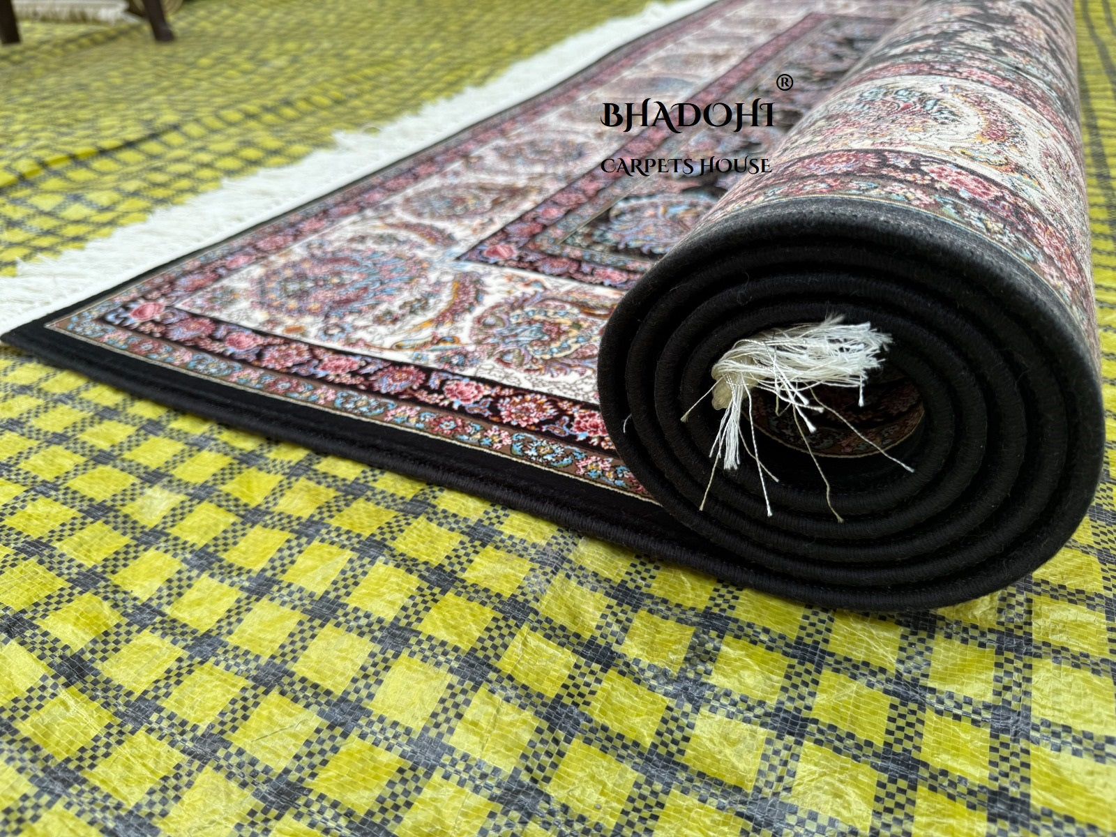 Black Color Iranian Knotted 1200 Reeds Silk Rug