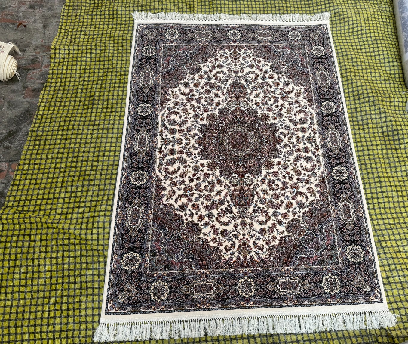 Ivory Color Iranian Knotted 1200 Reeds Silk Rug
