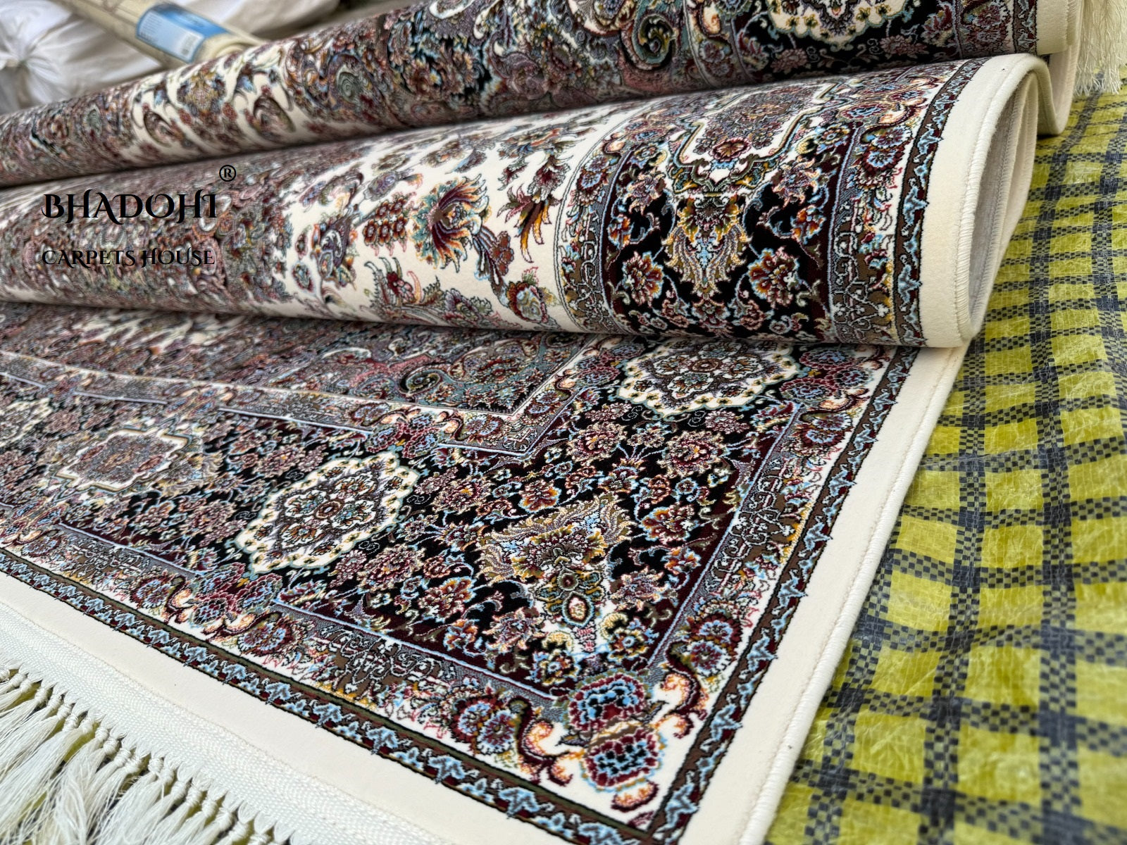 Ivory Color Iranian Knotted 1200 Reeds Silk Rug