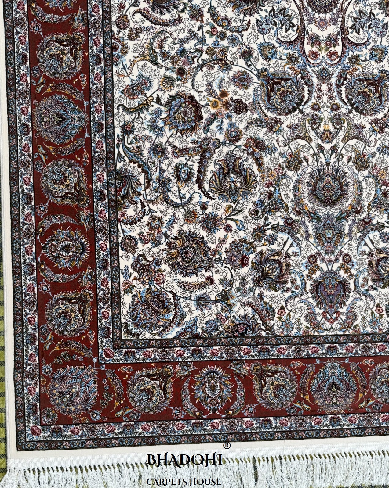 Ivory Color Iranian Knotted 1200 Reeds Silk Rug